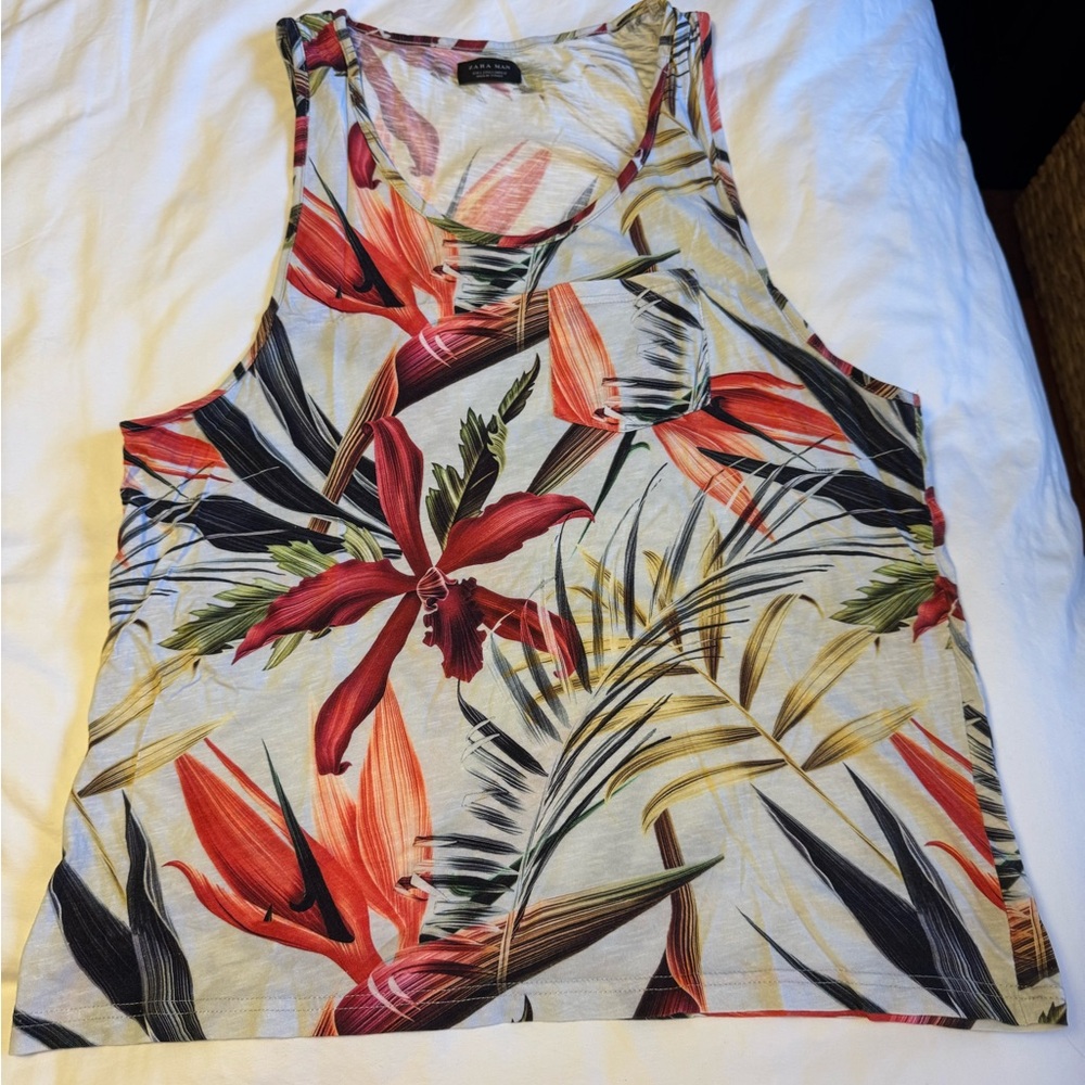 Zara Tropical Floral Print Tank Top — Red, Orange, Green, Black
